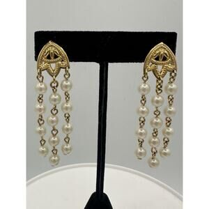 Gold Tone Faux Pearl Strands Pierced Earrings Elegant